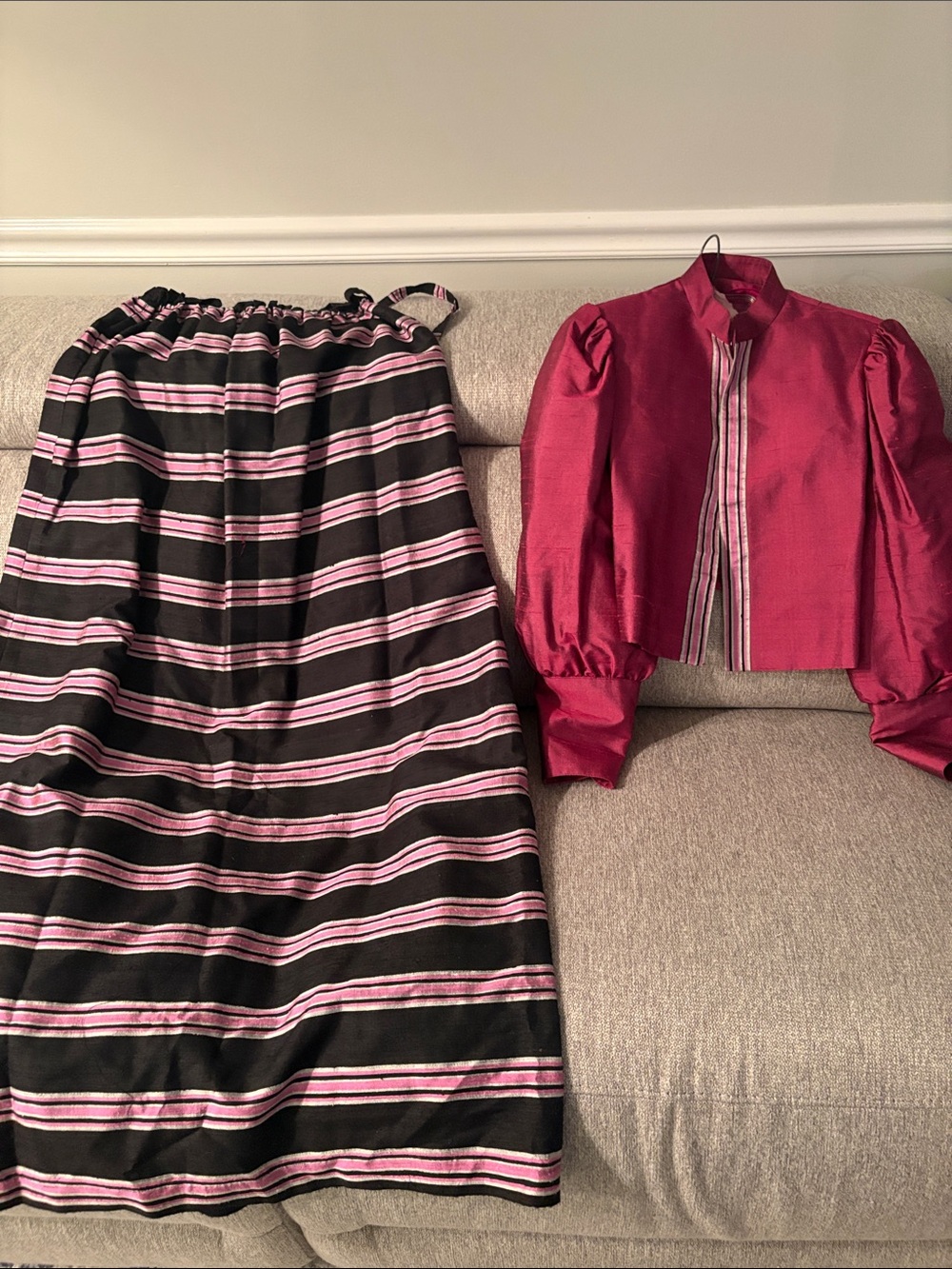 Vintage Women's Black and Pink Striped Maxi Skirt - Elegant Everyday Style